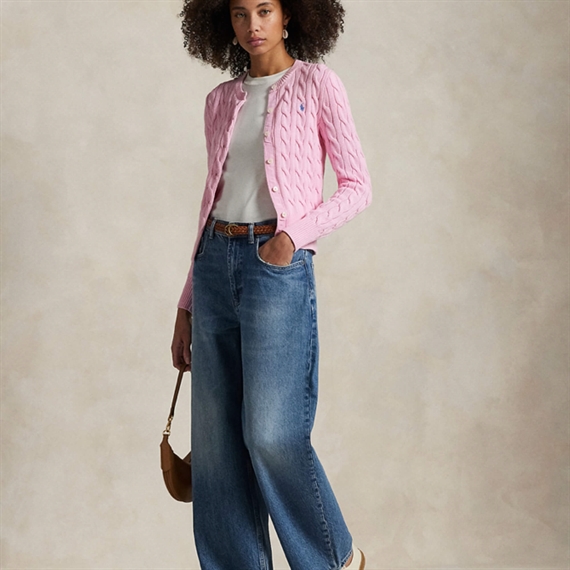 Polo Ralph Lauren Cable-Knit Cotton Crewneck Cardigan, Camel Pink